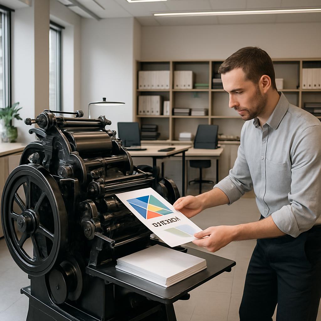 A man in a light blue long-sleeved buttoned shirt and black pants operates an antique ink-covered printing press cropping ...