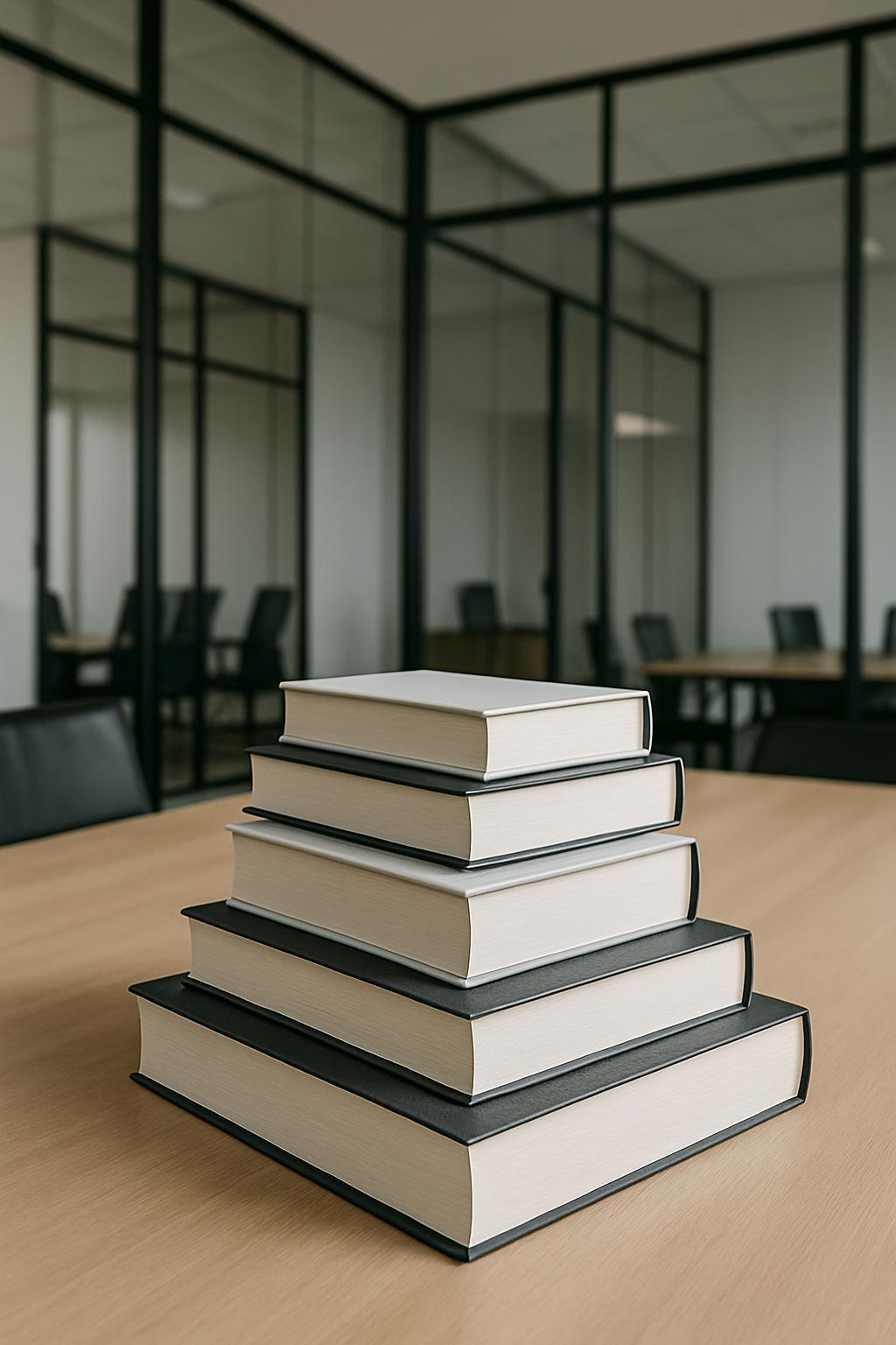 A stack of books on a light wood table in an office with glass-walled meeting rooms.