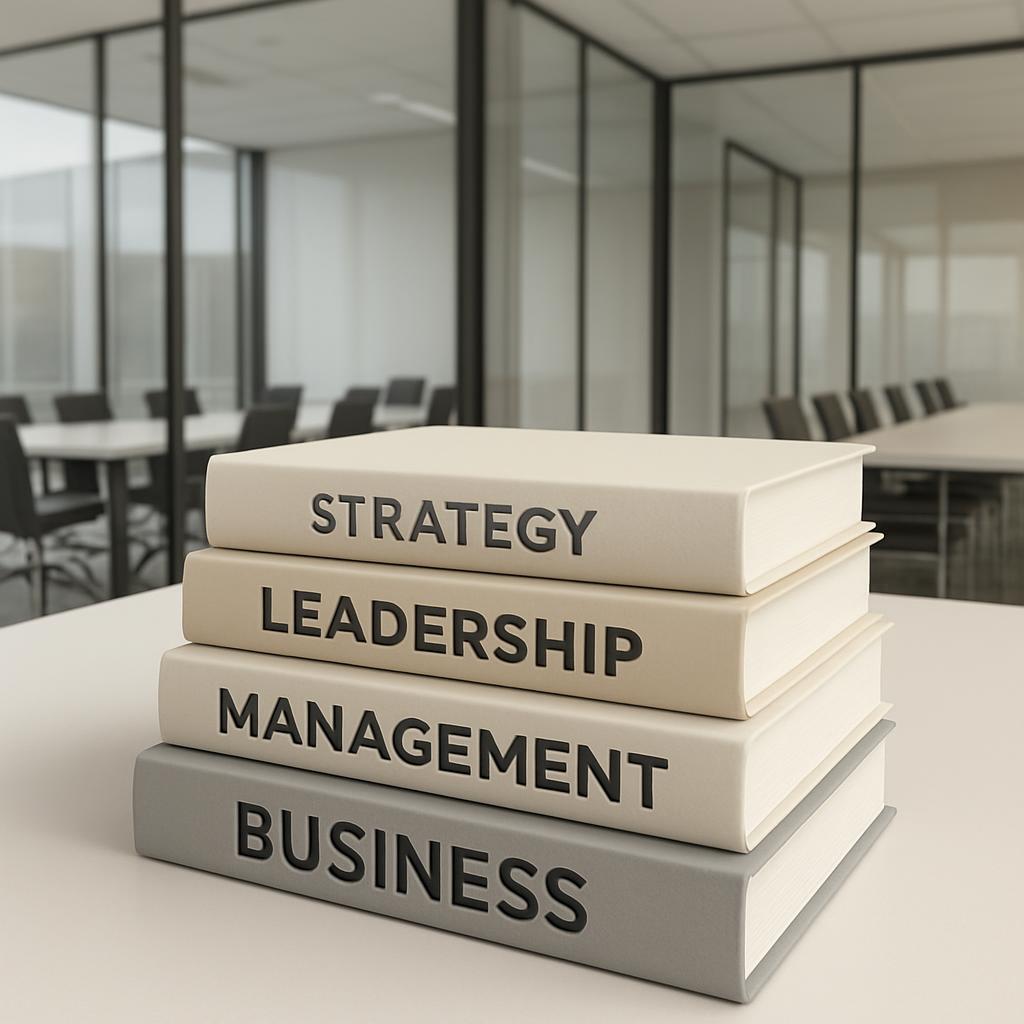 Stack of business books including strategy, leadership, management, and business in a modern office setting.