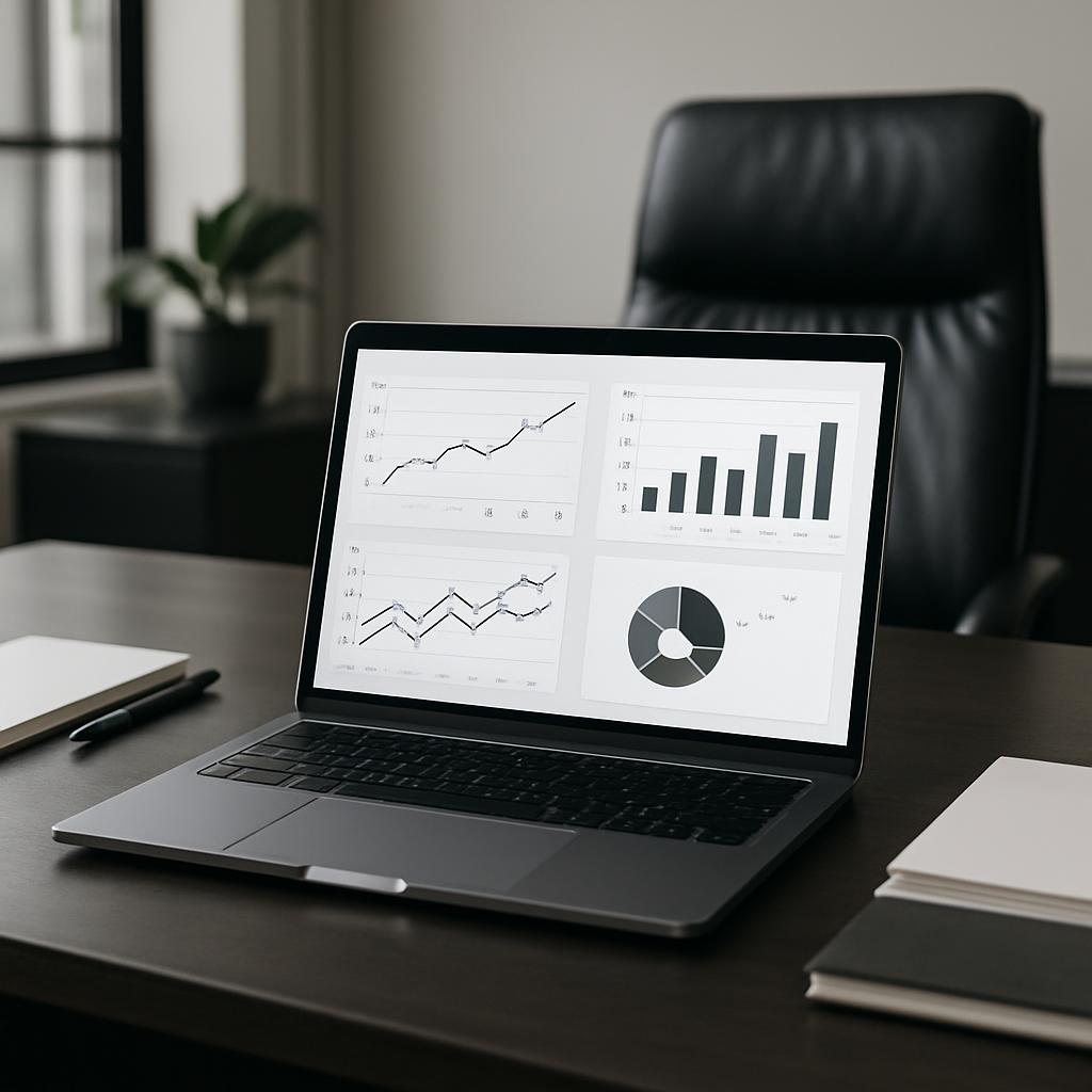 A laptop is open on a desk displaying various graphs and charts.
